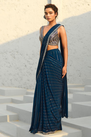 Saree Set Indian Wedding - Blue Chayya Pre-Draped by Chamee & Palak