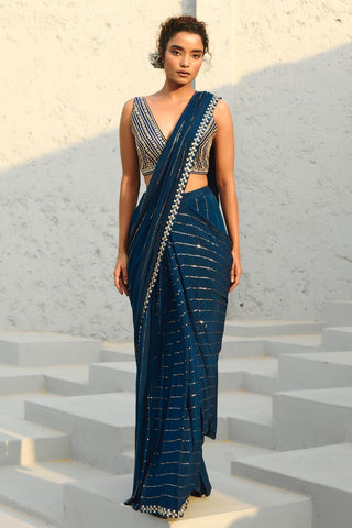 Saree Set Indian Wedding - Blue Chayya Pre-Draped by Chamee & Palak
