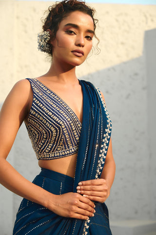 Saree Set Indian Wedding - Blue Chayya Pre-Draped by Chamee & Palak
