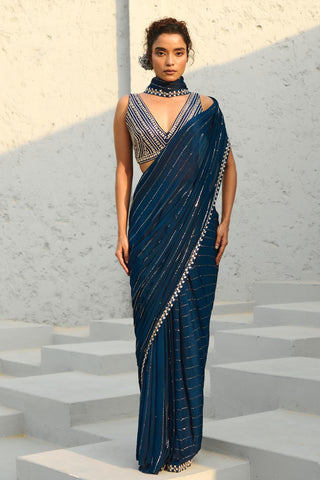 Saree Set Indian Wedding - Blue Chayya Pre-Draped by Chamee & Palak