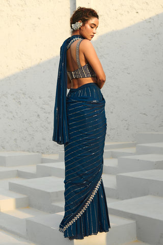 Saree Set Indian Wedding - Blue Chayya Pre-Draped by Chamee & Palak