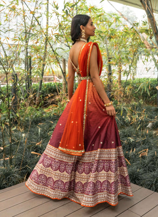 Zeenat orange maroon printed lehenga set