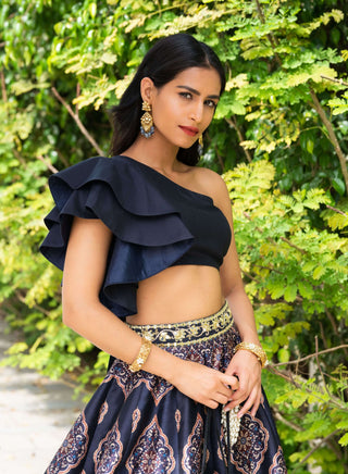 Kaya navy blue printed lehenga set