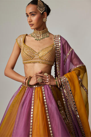 Yellow multicolor noorani linear lehenga with cap sleeve blouse