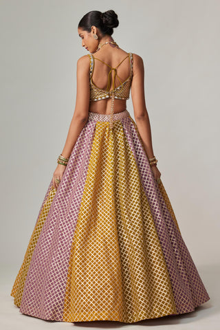 Yellow multicolor noorani big check lehenga set