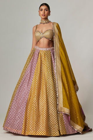 Yellow multicolor noorani big check lehenga set