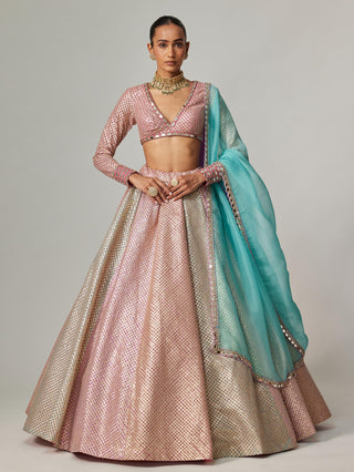Pink multicolor noorani metallic crop top with skirt set