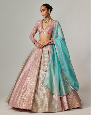Pink multicolor noorani metallic crop top with skirt set