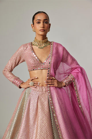 Pink multicolor noorani metallic crop top with skirt