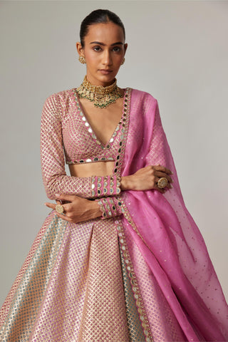 Pink multicolor noorani metallic crop top with skirt