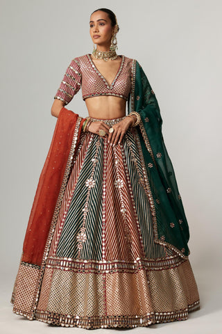 Green multicolor noorani linear flower lehenga set