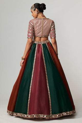 Maroon noorani multicolor linear lehenga with v neck blouse