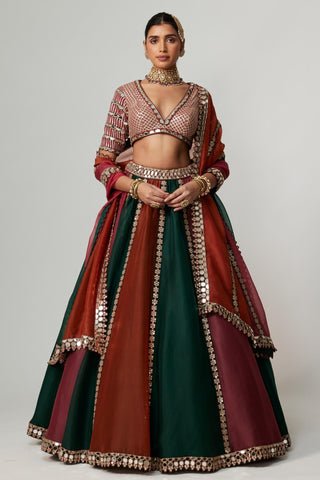Maroon noorani multicolor linear lehenga with v neck blouse