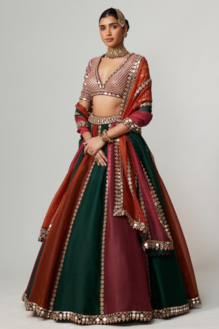 Maroon noorani multicolor linear lehenga with v neck blouse