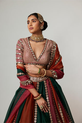 Maroon noorani multicolor linear lehenga with v neck blouse