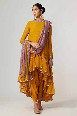 Yellow noorani kurta with dupatta and dhoti
