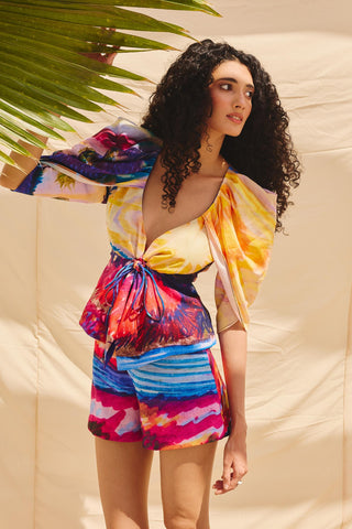 Multicolor chromatic art zip drift top