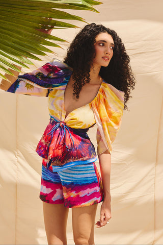 Multicolor chromatic art zip drift short