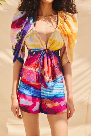 Multicolor chromatic art zip drift short