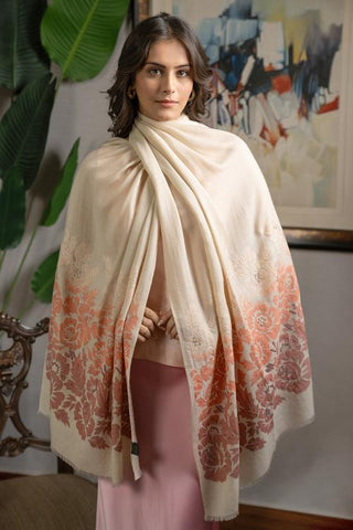 Stole Indian Wedding - Beige Coral Blossom Fine Wool Silk by Mauli