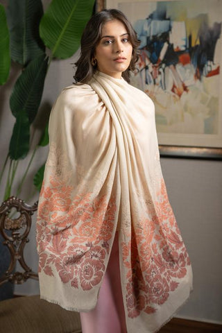 Stole Indian Wedding - Beige Coral Blossom Fine Wool Silk by Mauli