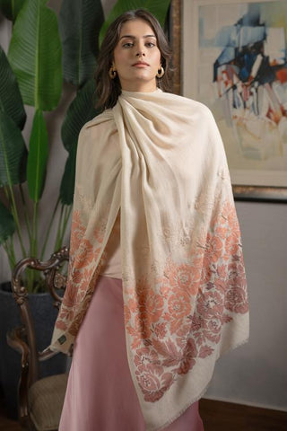 Stole Indian Wedding - Beige Coral Blossom Fine Wool Silk by Mauli