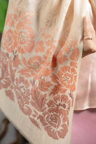 Stole Indian Wedding - Beige Coral Blossom Fine Wool Silk by Mauli
