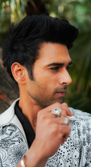 White worsted wool kantha embroidered bomber jacket