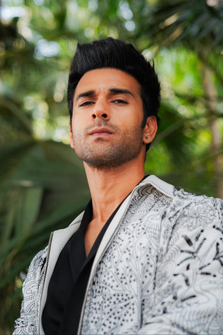 White worsted wool kantha embroidered bomber jacket