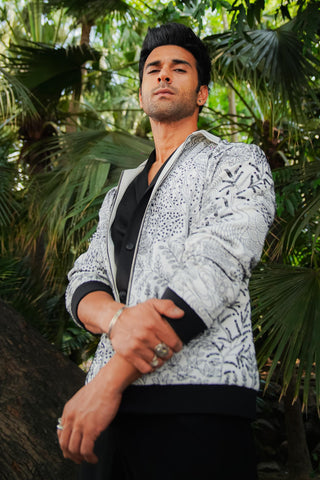 White worsted wool kantha embroidered bomber jacket