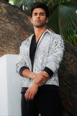 White worsted wool kantha embroidered bomber jacket