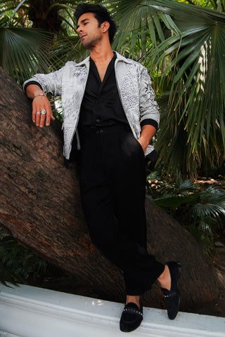 White worsted wool kantha embroidered bomber jacket