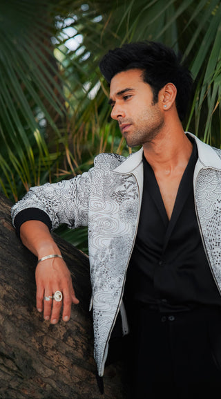 White worsted wool kantha embroidered bomber jacket
