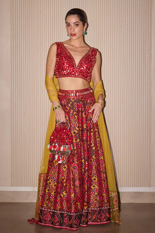 Lehenga Set for Indian Weddings – Red Patola Mirror Work by Twenty Nine