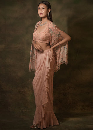 Floral pink dhoti and jacket set