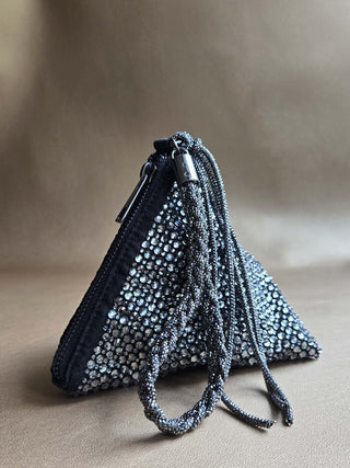 Gray gunmetal swarovski crystal mini pyramid statement bag