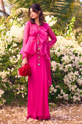 Pink nooreh ever after jacket saree set