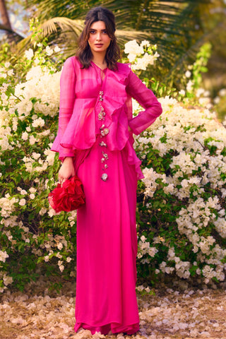 Pink nooreh ever after jacket saree set