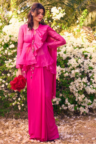 Pink nooreh ever after jacket saree set