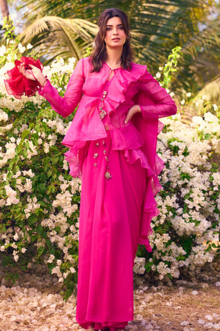 Pink nooreh ever after jacket saree set