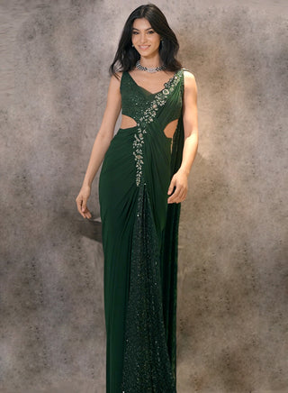 Green embroidered saree gown