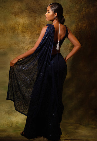 Shimmering blue slit saree and blouse