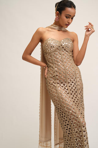 Dress Set - Contemporary Wear - Beige Maharani Cutwork by Vvani by Vani Vats