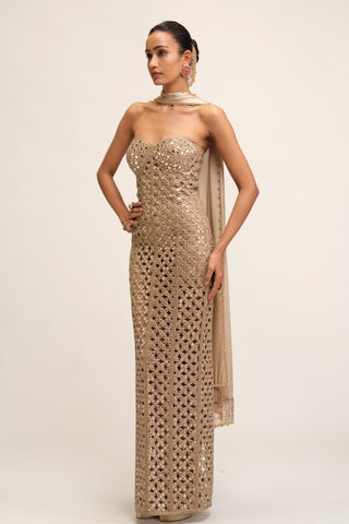 Dress Set - Contemporary Wear - Beige Maharani Cutwork by Vvani by Vani Vats