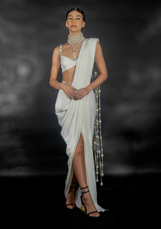 White pearl strings saree and blouse