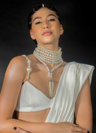 White pearl strings saree and blouse