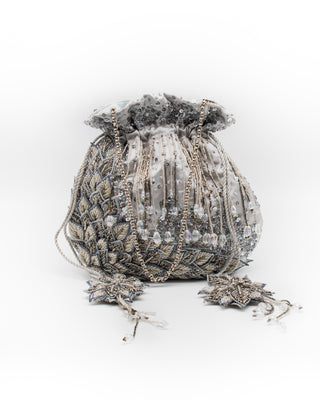 Silver applique leaf work potli