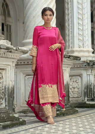 Pink and gold cut work kurta set