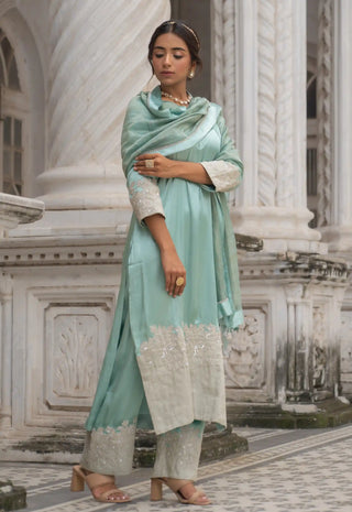 Mint and silver cut work kurta set