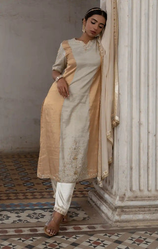 Light silver and gold zari kurta set